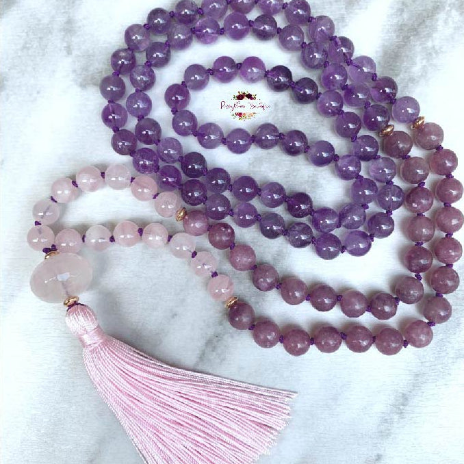 STRESS & ANXIETY RELIEF MALA | 108 Beads, Hand-knotted, Grade A, Natural Lepidolite, Amethyst and Rose Quartz Gemstones Necklace