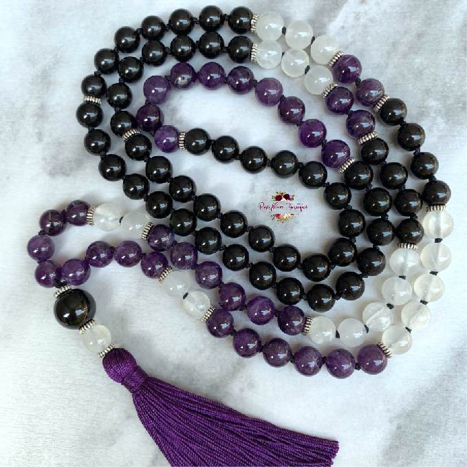 PROTECTION & ENERGY SHIELDING MALA | 108 Beads, Hand-knotted, Grade A and AA, Black Tourmaline, Black Obsidian, Selenite and Amethyst Natural Gemstone Necklace