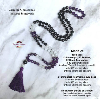 PROTECTION & ENERGY SHIELDING MALA | 108 Beads, Hand-knotted, Grade A and AA, Black Tourmaline, Black Obsidian, Selenite and Amethyst Natural Gemstone Necklace