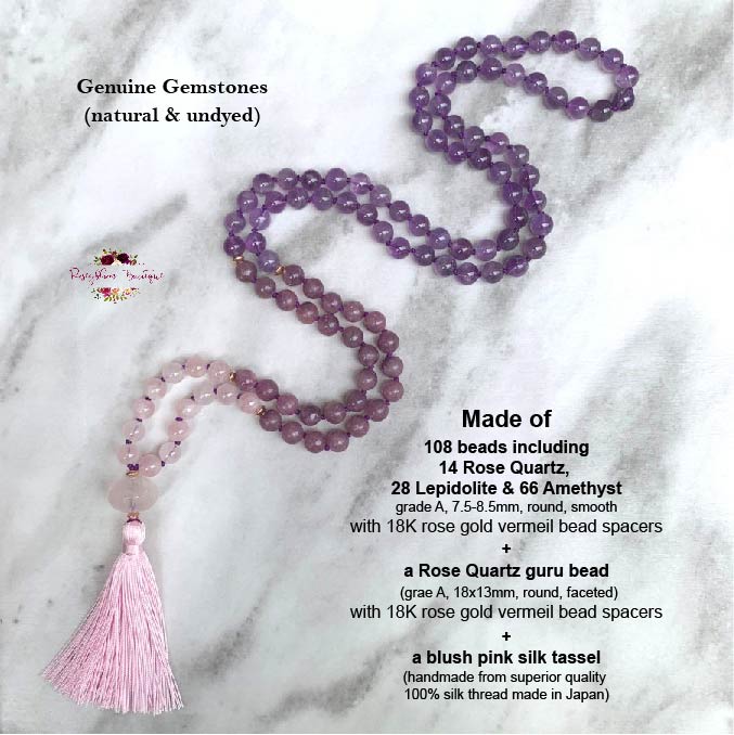 STRESS & ANXIETY RELIEF MALA | 108 Beads, Hand-knotted, Grade A, Natural Lepidolite, Amethyst and Rose Quartz Gemstones Necklace