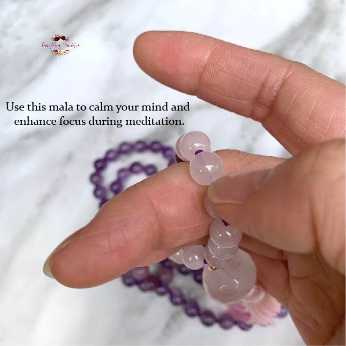 STRESS & ANXIETY RELIEF MALA | 108 Beads, Hand-knotted, Grade A, Natural Lepidolite, Amethyst and Rose Quartz Gemstones Necklace