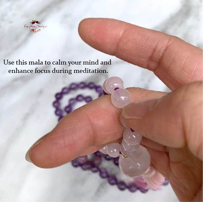 STRESS & ANXIETY RELIEF MALA | 108 Beads, Hand-knotted, Grade A, Natural Lepidolite, Amethyst and Rose Quartz Gemstones Necklace