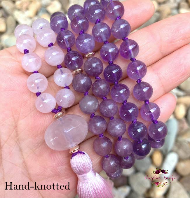STRESS & ANXIETY RELIEF MALA | 108 Beads, Hand-knotted, Grade A, Natural Lepidolite, Amethyst and Rose Quartz Gemstones Necklace