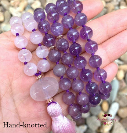 STRESS & ANXIETY RELIEF MALA | 108 Beads, Hand-knotted, Grade A, Natural Lepidolite, Amethyst and Rose Quartz Gemstones Necklace
