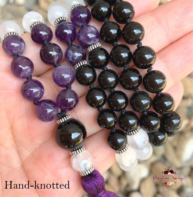 PROTECTION & ENERGY SHIELDING MALA | 108 Beads, Hand-knotted, Grade A and AA, Black Tourmaline, Black Obsidian, Selenite and Amethyst Natural Gemstone Necklace