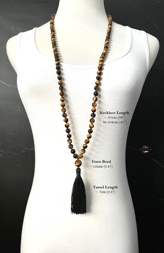TIGER EYE MALA | 108 Beads, Hand-knotted, Grade A Natural Gemstone Necklace