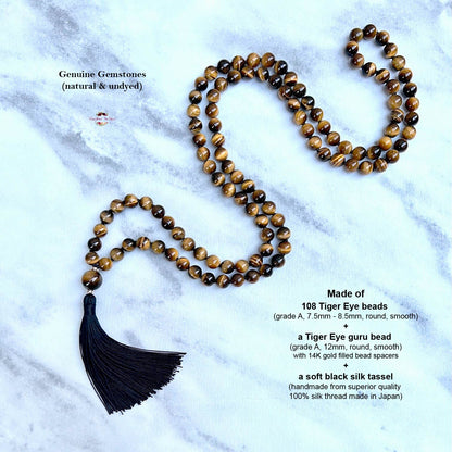 TIGER EYE MALA | 108 Beads, Hand-knotted, Grade A Natural Gemstone Necklace
