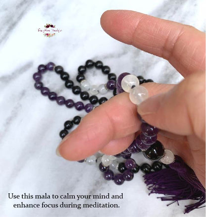 PROTECTION & ENERGY SHIELDING MALA | 108 Beads, Hand-knotted, Grade A and AA, Black Tourmaline, Black Obsidian, Selenite and Amethyst Natural Gemstone Necklace