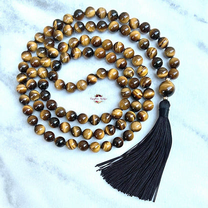 TIGER EYE MALA | 108 Beads, Hand-knotted, Grade A Natural Gemstone Necklace