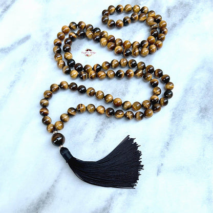 TIGER EYE MALA | 108 Beads, Hand-knotted, Grade A Natural Gemstone Necklace