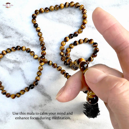 TIGER EYE MALA | 108 Beads, Hand-knotted, Grade A Natural Gemstone Necklace