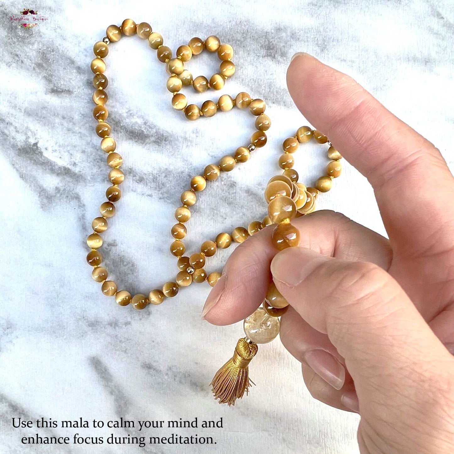 HONEY TIGER EYE MALA | 108 Beads, Hand-knotted, Grade AA Natural Gemstone Necklace with Citrine Guru Bead