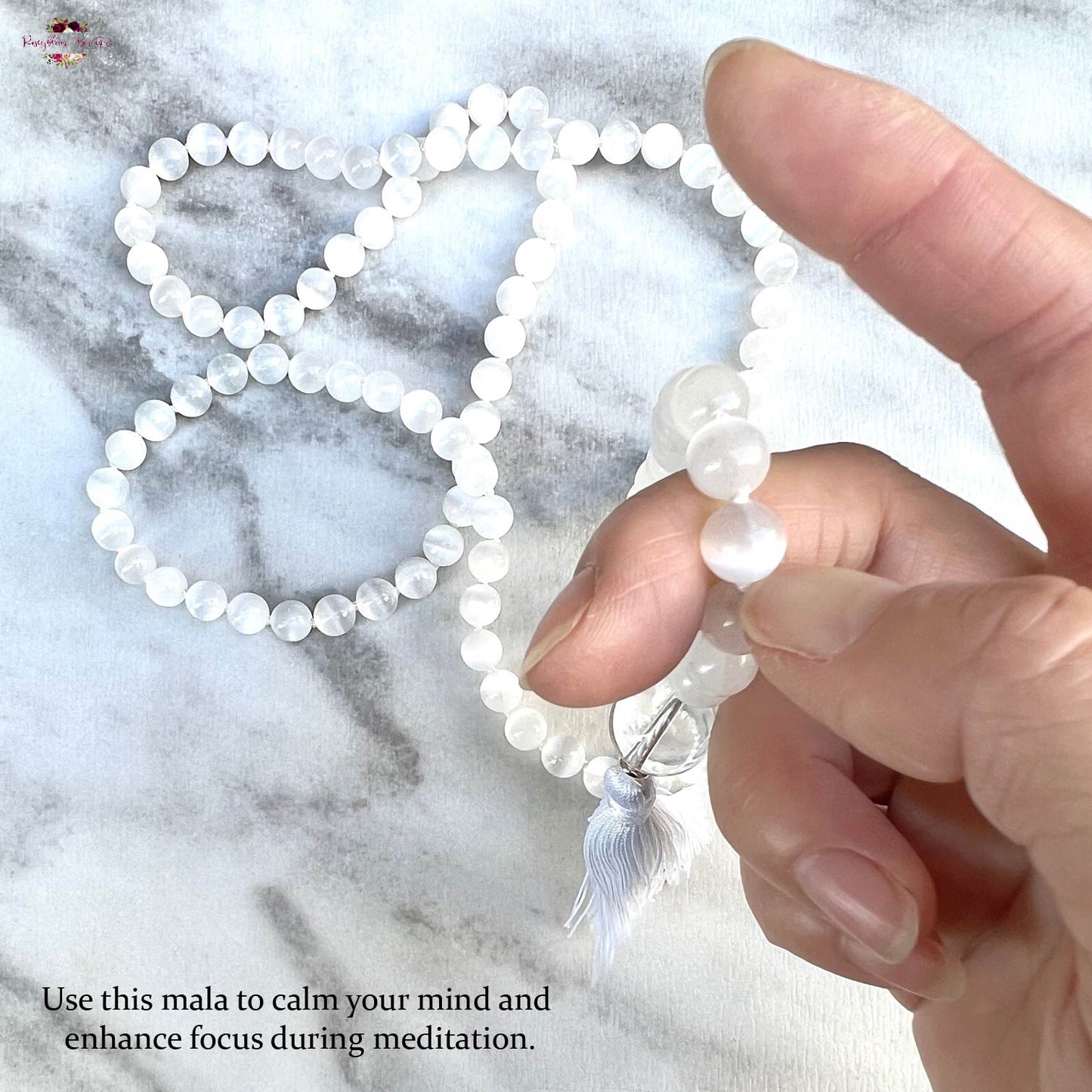 WHITE SELENITE MALA | 108 Beads, Hand-knotted, Grade AAA Natural Gemstone Necklace with Clear Quartz Guru Bead