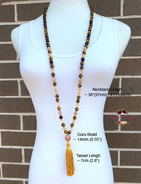 POSITIVE ENERGY & MOTIVATION MALA | 108 Beads, Hand-knotted, Grade A, AA and AAA, Natural Citrine, Sunstone and Tiger Eye Gemstones Necklace