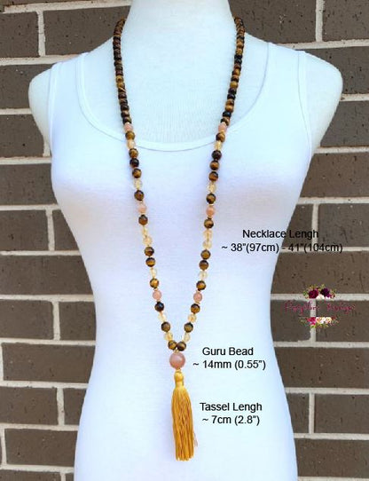 POSITIVE ENERGY & MOTIVATION MALA | 108 Beads, Hand-knotted, Grade A, AA and AAA, Natural Citrine, Sunstone and Tiger Eye Gemstones Necklace