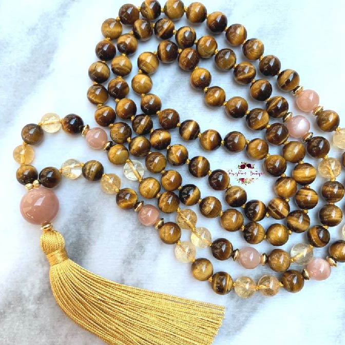 POSITIVE ENERGY & MOTIVATION MALA | 108 Beads, Hand-knotted, Grade A, AA and AAA, Natural Citrine, Sunstone and Tiger Eye Gemstones Necklace