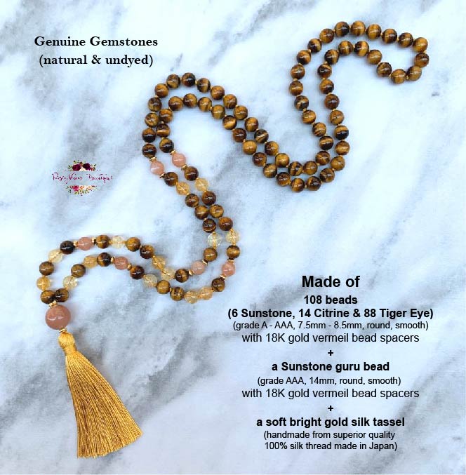 POSITIVE ENERGY & MOTIVATION MALA | 108 Beads, Hand-knotted, Grade A, AA and AAA, Natural Citrine, Sunstone and Tiger Eye Gemstones Necklace