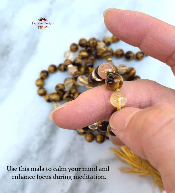 POSITIVE ENERGY & MOTIVATION MALA | 108 Beads, Hand-knotted, Grade A, AA and AAA, Natural Citrine, Sunstone and Tiger Eye Gemstones Necklace
