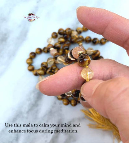 POSITIVE ENERGY & MOTIVATION MALA | 108 Beads, Hand-knotted, Grade A, AA and AAA, Natural Citrine, Sunstone and Tiger Eye Gemstones Necklace