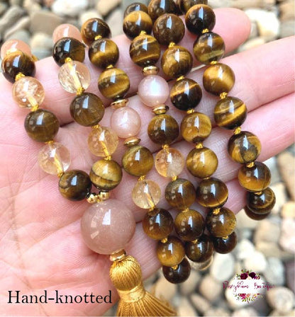 POSITIVE ENERGY & MOTIVATION MALA | 108 Beads, Hand-knotted, Grade A, AA and AAA, Natural Citrine, Sunstone and Tiger Eye Gemstones Necklace