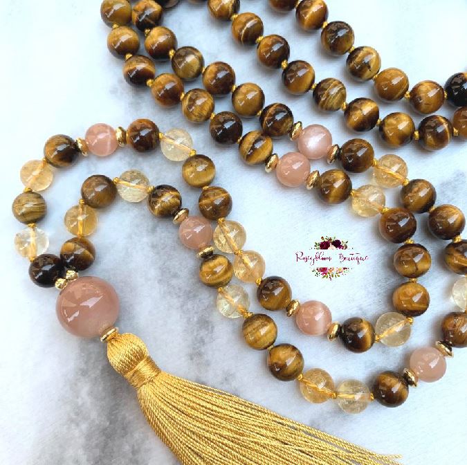 POSITIVE ENERGY & MOTIVATION MALA | 108 Beads, Hand-knotted, Grade A, AA and AAA, Natural Citrine, Sunstone and Tiger Eye Gemstones Necklace