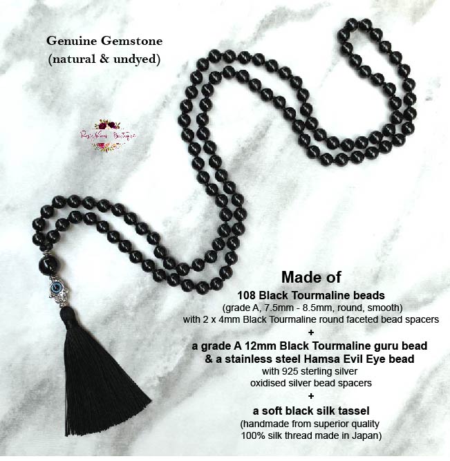 BLACK TOURMALINE MALA – 108 Beads, Hand-knotted, Grade A Natural Gemstone