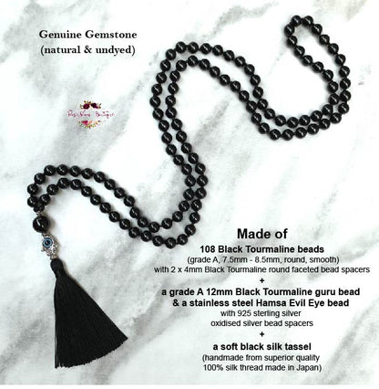 BLACK TOURMALINE MALA – 108 Beads, Hand-knotted, Grade A Natural Gemstone
