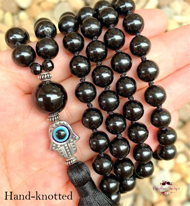 BLACK TOURMALINE MALA – 108 Beads, Hand-knotted, Grade A Natural Gemstone