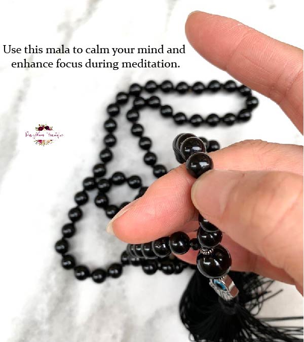 BLACK TOURMALINE MALA – 108 Beads, Hand-knotted, Grade A Natural Gemstone
