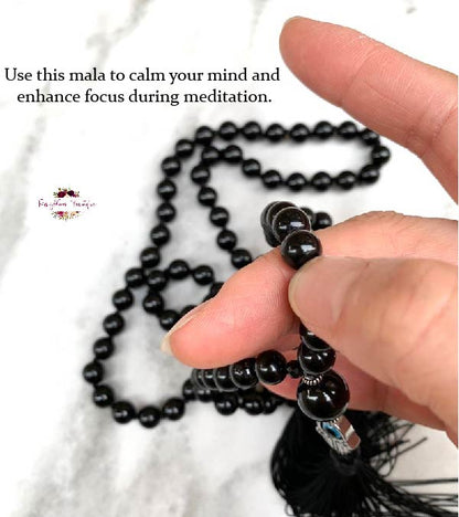 BLACK TOURMALINE MALA – 108 Beads, Hand-knotted, Grade A Natural Gemstone