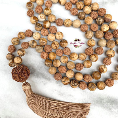 PICTURE JASPER & RUDRAKSHA MALA | 108 Beads, Hand-knotted, Grade A Picture Jasper and Rudraksha Necklace