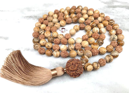 PICTURE JASPER & RUDRAKSHA MALA | 108 Beads, Hand-knotted, Grade A Picture Jasper and Rudraksha Necklace
