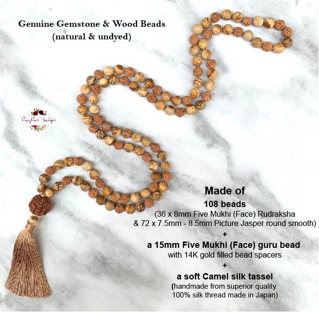 PICTURE JASPER & RUDRAKSHA MALA | 108 Beads, Hand-knotted, Grade A Picture Jasper and Rudraksha Necklace