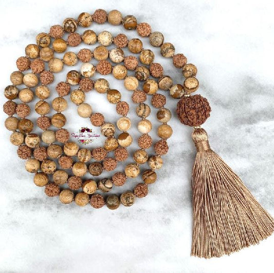 PICTURE JASPER & RUDRAKSHA MALA | 108 Beads, Hand-knotted, Grade A Picture Jasper and Rudraksha Necklace