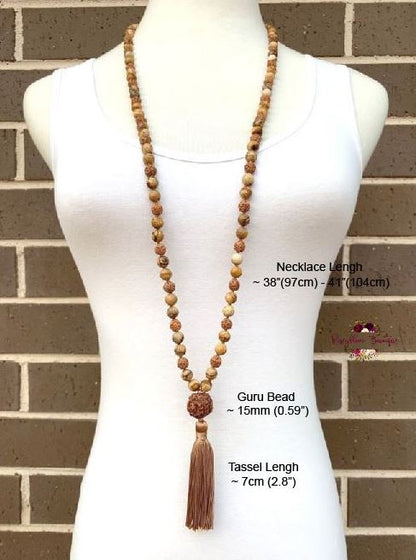 PICTURE JASPER & RUDRAKSHA MALA | 108 Beads, Hand-knotted, Grade A Picture Jasper and Rudraksha Necklace