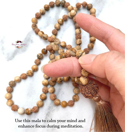 PICTURE JASPER & RUDRAKSHA MALA | 108 Beads, Hand-knotted, Grade A Picture Jasper and Rudraksha Necklace