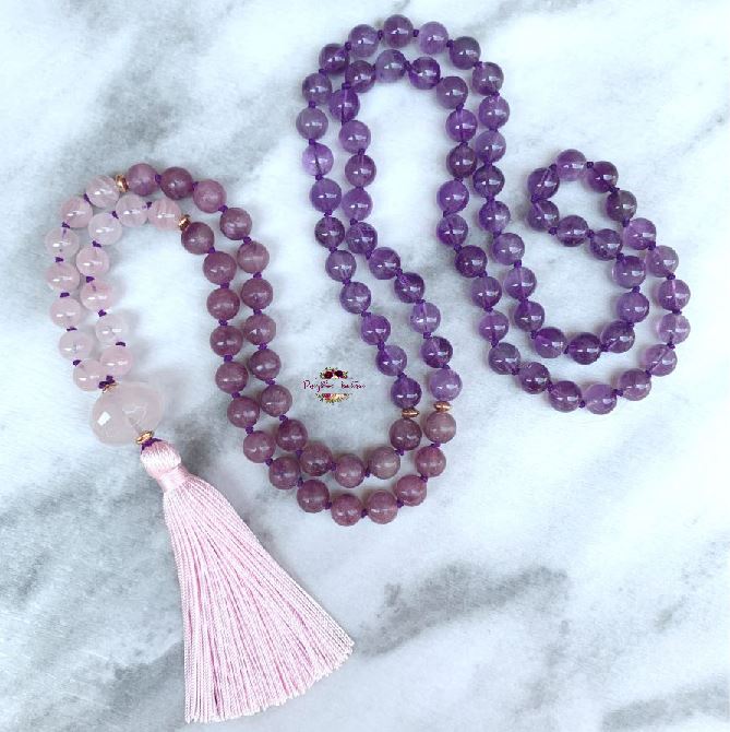 STRESS & ANXIETY RELIEF MALA | 108 Beads, Hand-knotted, Grade A, Natural Lepidolite, Amethyst and Rose Quartz Gemstones Necklace