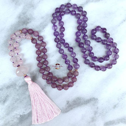 STRESS & ANXIETY RELIEF MALA | 108 Beads, Hand-knotted, Grade A, Natural Lepidolite, Amethyst and Rose Quartz Gemstones Necklace