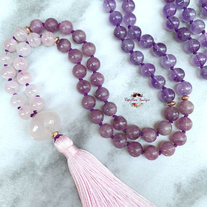 STRESS & ANXIETY RELIEF MALA | 108 Beads, Hand-knotted, Grade A, Natural Lepidolite, Amethyst and Rose Quartz Gemstones Necklace