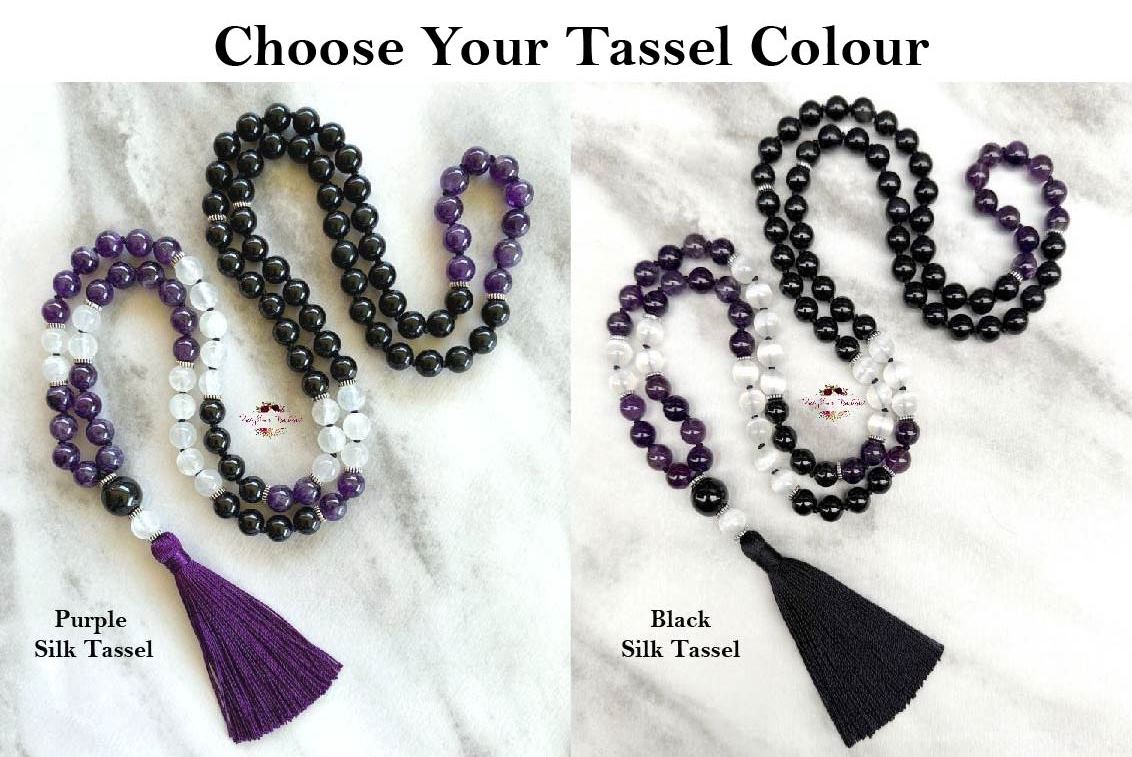 PROTECTION & ENERGY SHIELDING MALA | 108 Beads, Hand-knotted, Grade A and AA, Black Tourmaline, Black Obsidian, Selenite and Amethyst Natural Gemstone Necklace
