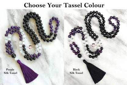 PROTECTION & ENERGY SHIELDING MALA | 108 Beads, Hand-knotted, Grade A and AA, Black Tourmaline, Black Obsidian, Selenite and Amethyst Natural Gemstone Necklace
