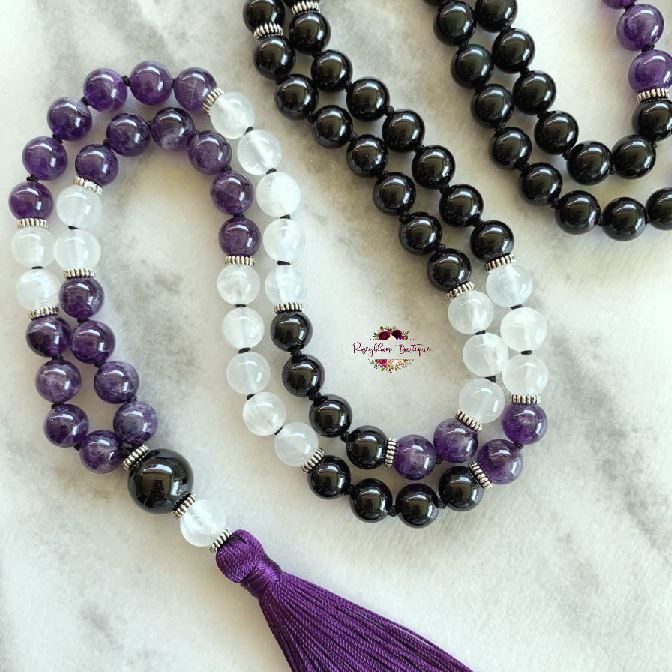 PROTECTION & ENERGY SHIELDING MALA | 108 Beads, Hand-knotted, Grade A and AA, Black Tourmaline, Black Obsidian, Selenite and Amethyst Natural Gemstone Necklace