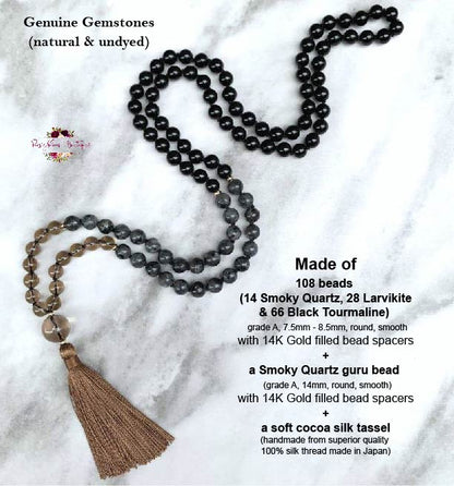 PROTECTION & GROUNDING MALA | 108 Beads, Hand-knotted, Grade A and AA, Natural Black Tourmaline, Larvikite and Smoky Quartz Gemstones Necklace