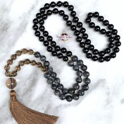 PROTECTION & GROUNDING MALA | 108 Beads, Hand-knotted, Grade A and AA, Natural Black Tourmaline, Larvikite and Smoky Quartz Gemstones Necklace