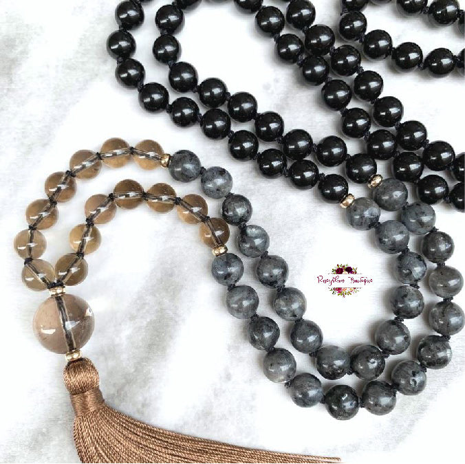 PROTECTION & GROUNDING MALA | 108 Beads, Hand-knotted, Grade A and AA, Natural Black Tourmaline, Larvikite and Smoky Quartz Gemstones Necklace