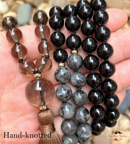 PROTECTION & GROUNDING MALA | 108 Beads, Hand-knotted, Grade A and AA, Natural Black Tourmaline, Larvikite and Smoky Quartz Gemstones Necklace