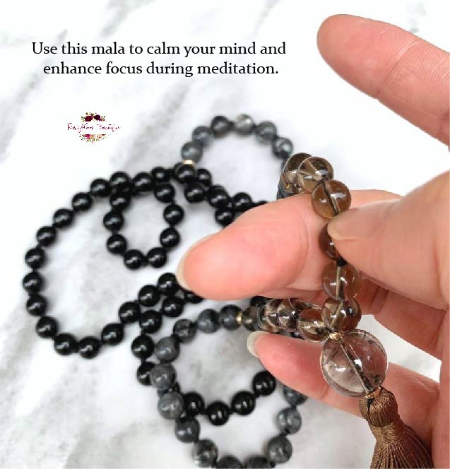 PROTECTION & GROUNDING MALA | 108 Beads, Hand-knotted, Grade A and AA, Natural Black Tourmaline, Larvikite and Smoky Quartz Gemstones Necklace