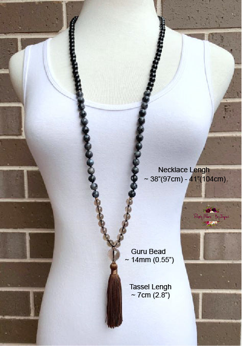 PROTECTION & GROUNDING MALA | 108 Beads, Hand-knotted, Grade A and AA, Natural Black Tourmaline, Larvikite and Smoky Quartz Gemstones Necklace