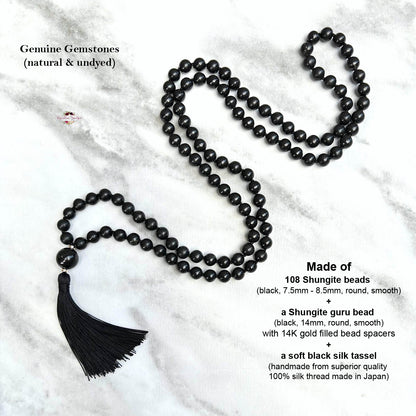 SHUNGITE MALA | 108 Beads, Hand-knotted, Grade A Natural Gemstone Necklace
