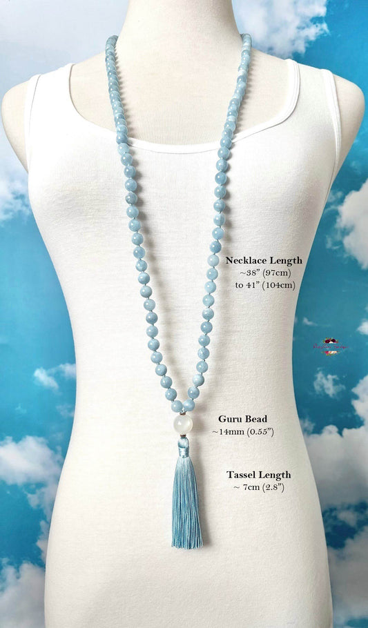 AQUAMARINE MALA | 108 Beads, Hand-knotted, Grade AA Natural Gemstone Necklace with White Moonstone Guru Bead